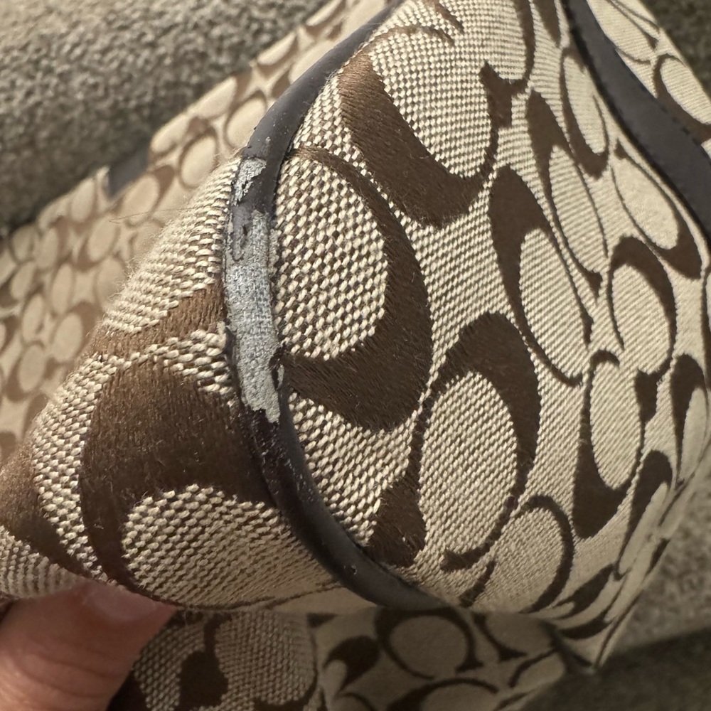 Coach duffle bag khaki/brown w/strap slight wear/tear. - Picture 8 of 14